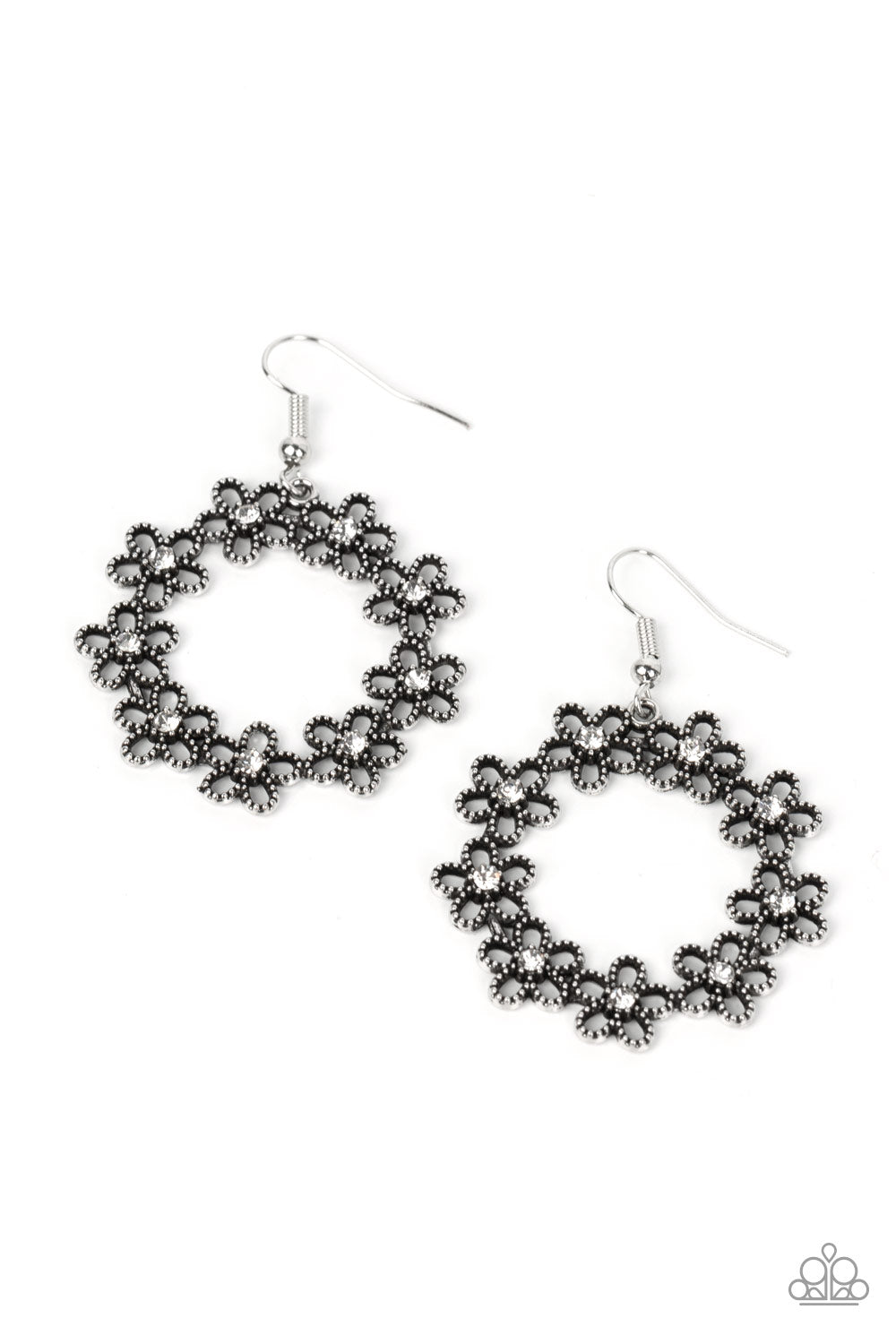 Paparazzi Accessories-Floral Halos White Rhinestone Silver Earrings