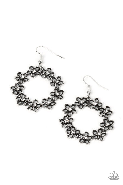 Paparazzi Accessories-Floral Halos White Rhinestone Silver Earrings