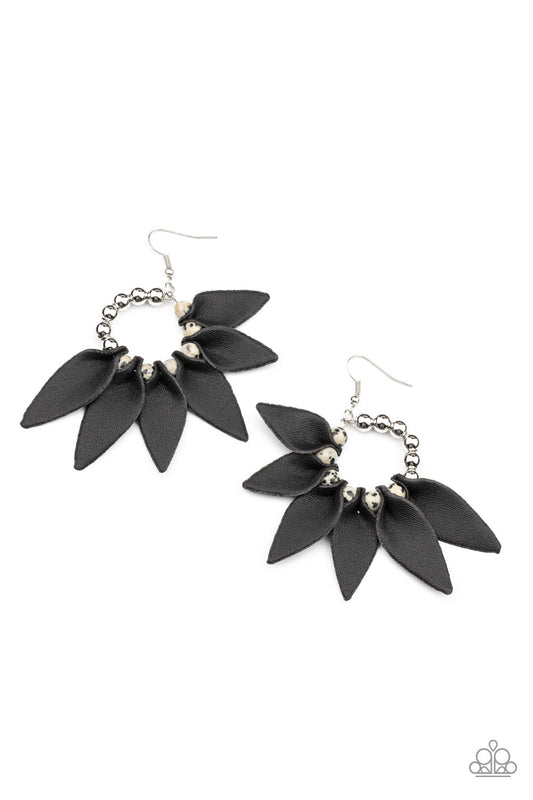 Paparazzi Accessories-Flower Child Fever Black Leather Petal Earrings