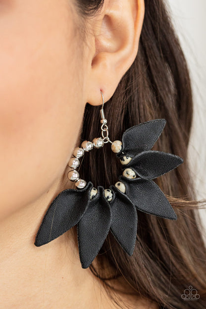 Paparazzi Accessories-Flower Child Fever Black Leather Petal Earrings