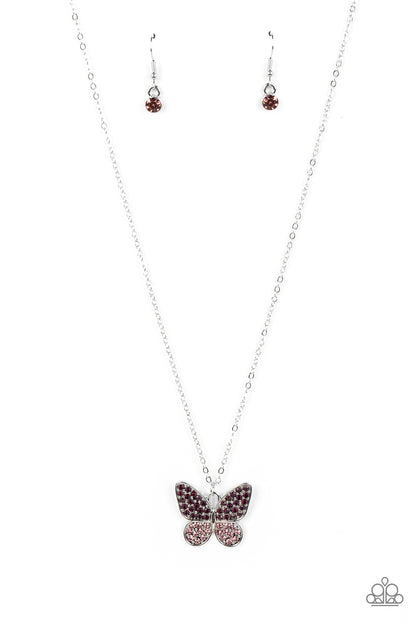 Paparazzi Accessories-Flutter Forte Purple Rhinestone Silver Butterfly Necklace Set
