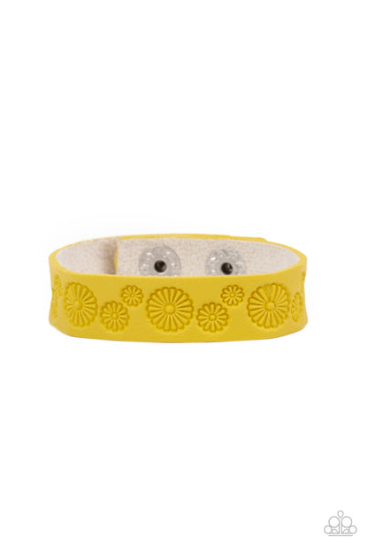 Paparazzi Accessories-Follow the Wildflowers Yellow Daisy Leather Wrap Bracelet