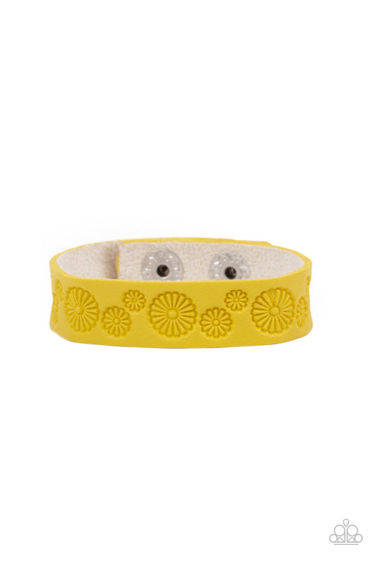 Paparazzi Accessories-Follow the Wildflowers Yellow Daisy Leather Wrap Bracelet