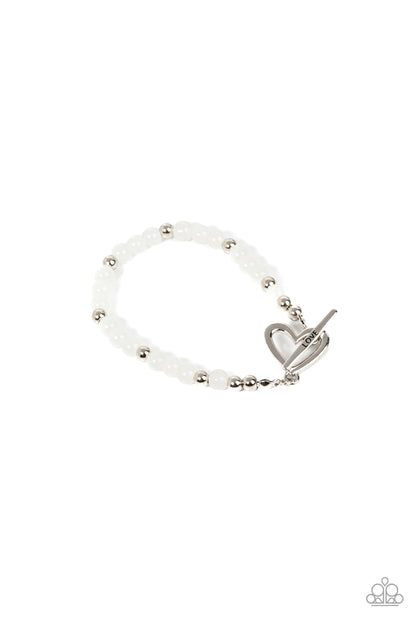 Paparazzi Accessories-Following My Heart White Shiny Silver Heart Bracelet