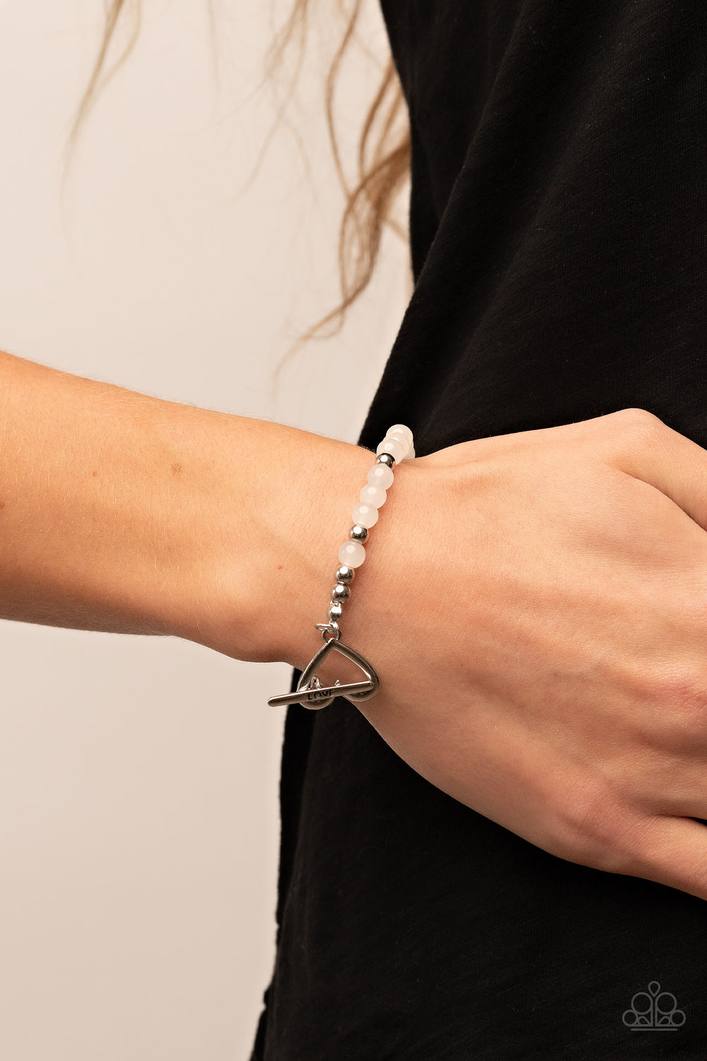 Paparazzi Accessories-Following My Heart White Shiny Silver Heart Bracelet