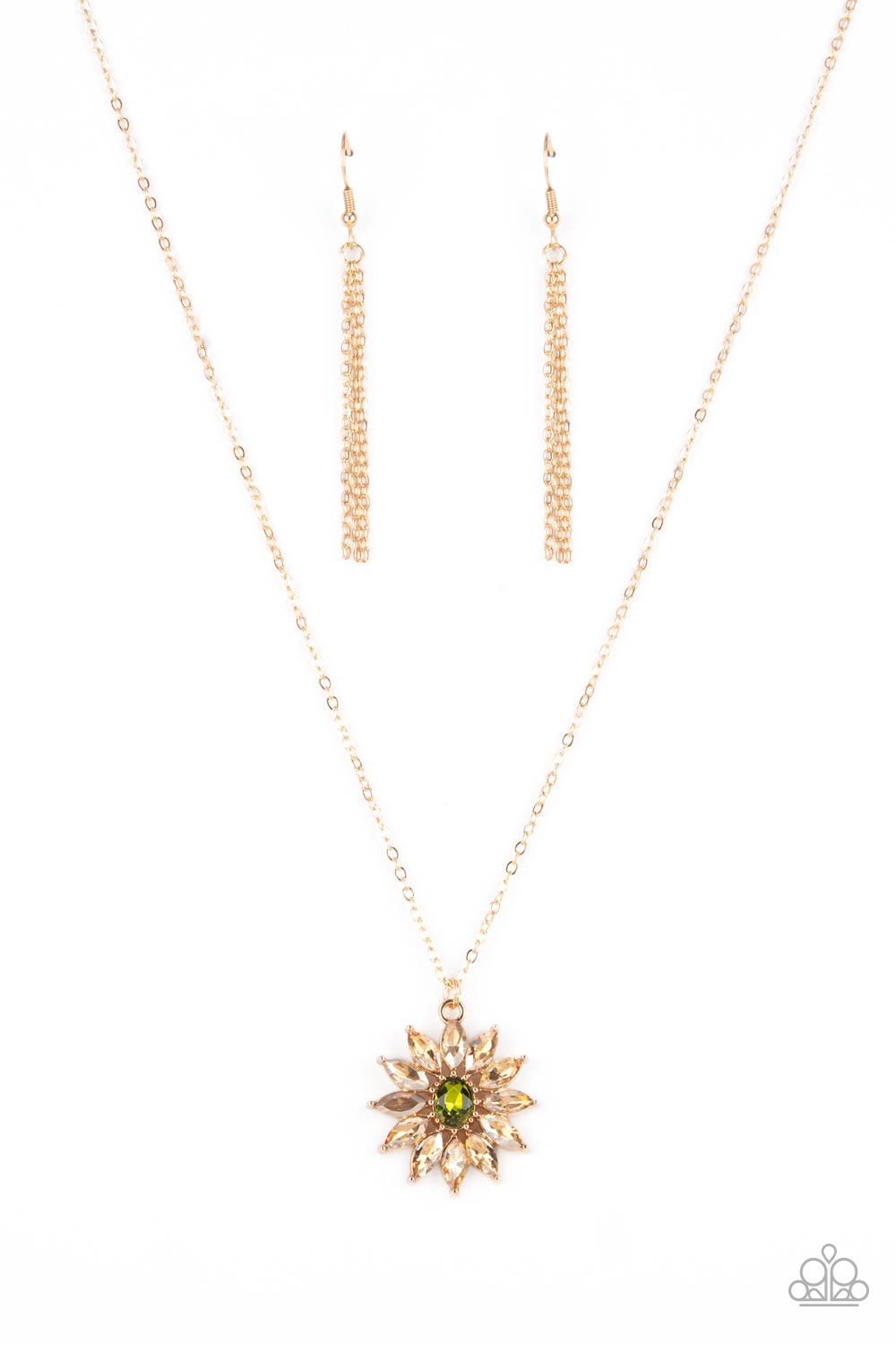 Paparazzi Accessories-Formal Florals Gold Champagne Green Rhinestone Necklace Set