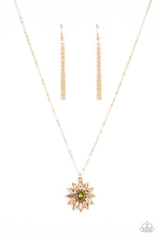 Paparazzi Accessories-Formal Florals Gold Champagne Green Rhinestone Necklace Set