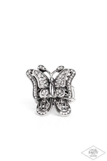Paparazzi Accessories-Free To Fly White Rhinestone LOTP Butterfly Ring