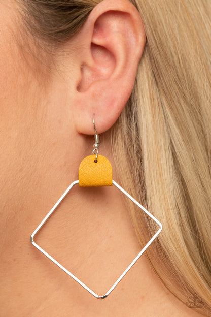 Paparazzi Accessories-Friends of a LEATHER Yellow Geometric Earrings