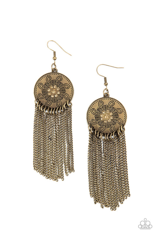 Paparazzi Accessories-Fringe Control Brass Floral Fringe Earrings