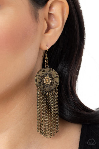 Paparazzi Accessories-Fringe Control Brass Floral Fringe Earrings