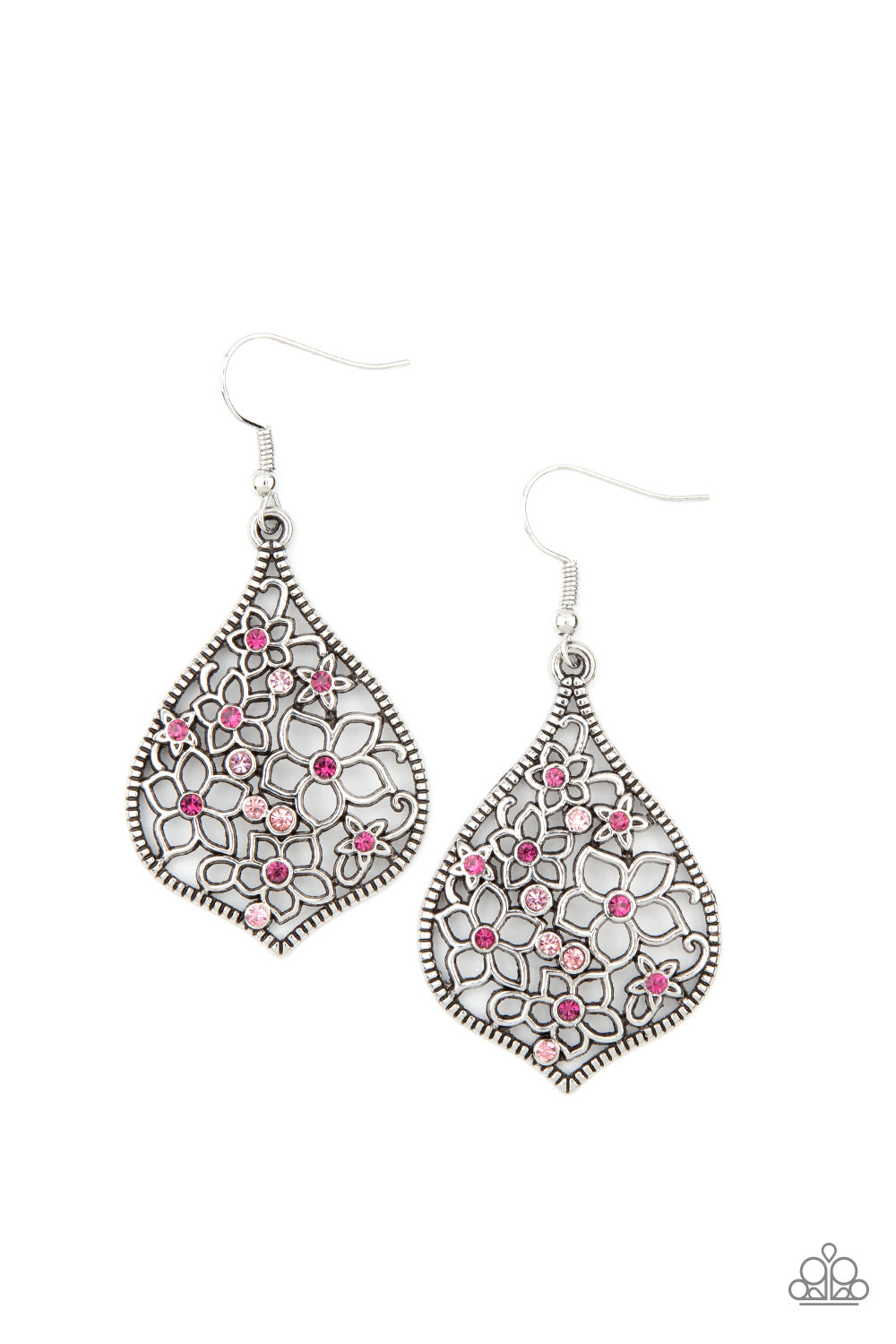 Paparazzi Accessories-Full Out Florals Pink Rhinestone Earrings