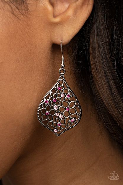 Paparazzi Accessories-Full Out Florals Pink Rhinestone Earrings