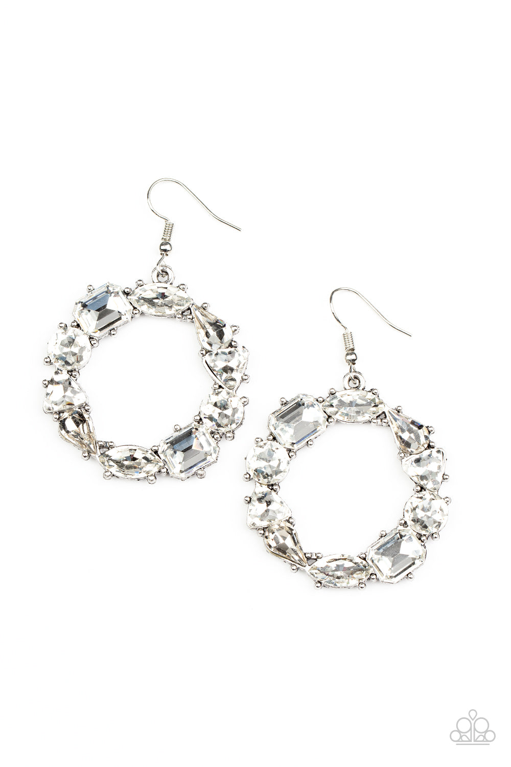 Paparazzi Accessories-GLOWING in Circles White Emerald Rhinestone Earrings