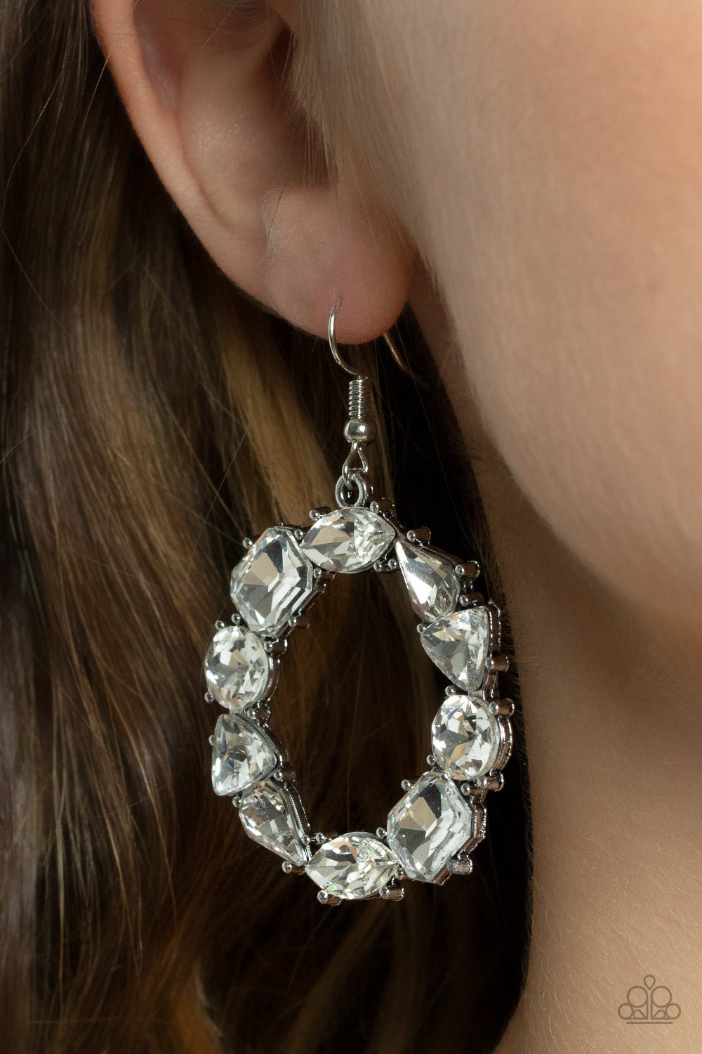 Paparazzi Accessories-GLOWING in Circles White Emerald Rhinestone Earrings