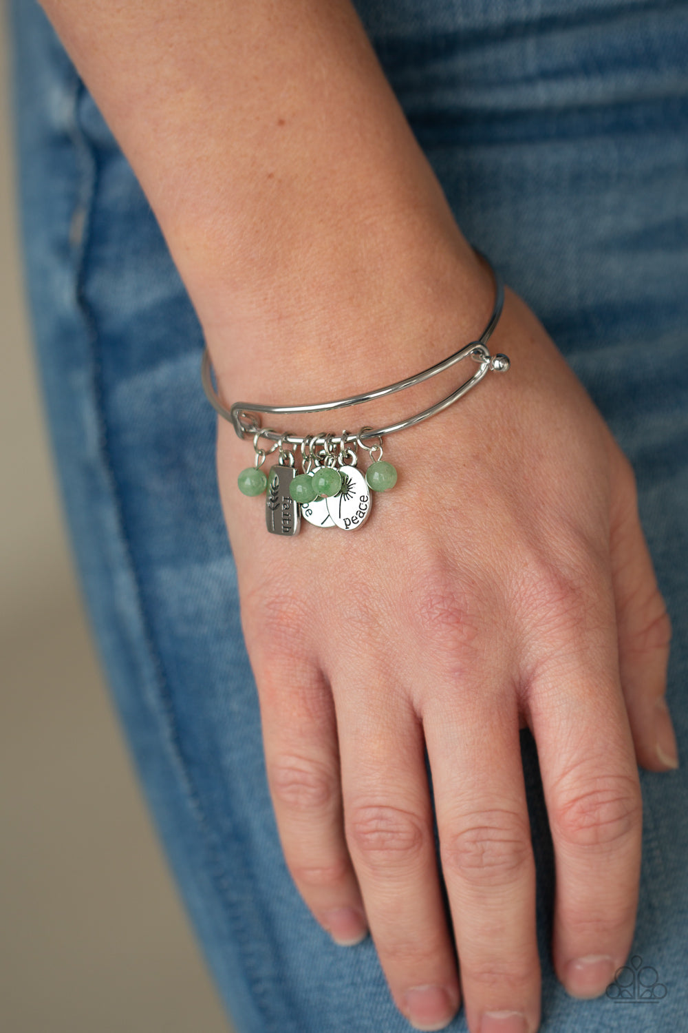 Paparazzi Accessories-GROWING Strong Green Stone Inspirational Charm Bracelet
