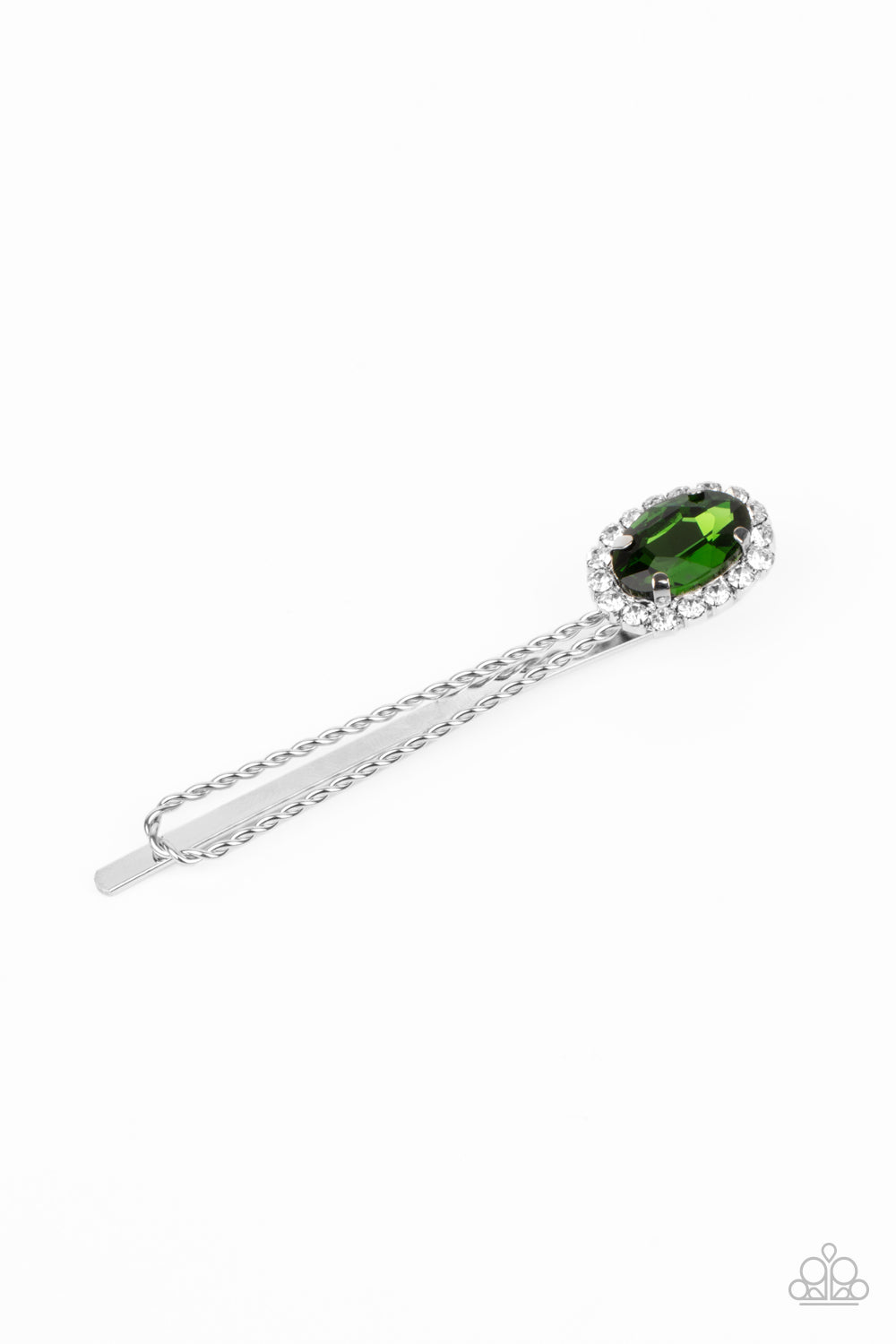 Paparazzi Accessories-Gala Glitz Oval Green Gem White Rhinestone Hair Pin