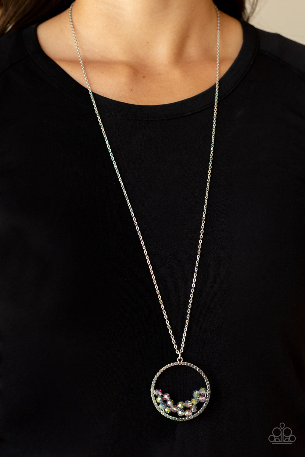 Paparazzi Accessories-Galactic Glow Multi Iridescent Crystal Bead Hoop Necklace Set