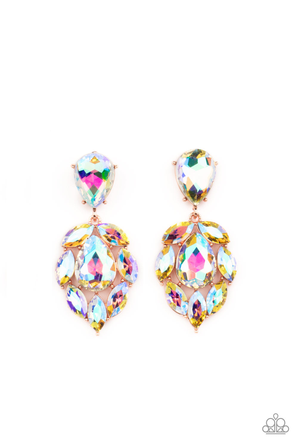 Paparazzi Accessories-Galactic Go-Getter Copper Iridescent Rhinestone Earrings