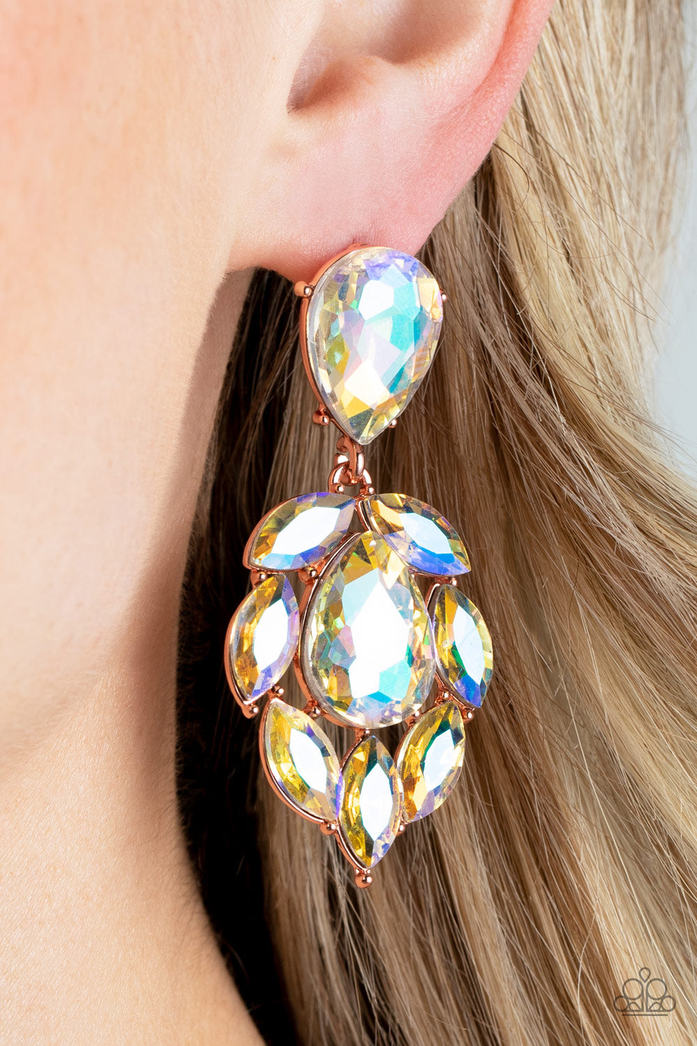 Paparazzi Accessories-Galactic Go-Getter Copper Iridescent Rhinestone Earrings