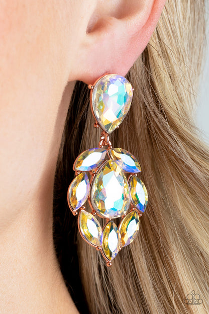 Paparazzi Accessories-Galactic Go-Getter Copper Iridescent Rhinestone Earrings