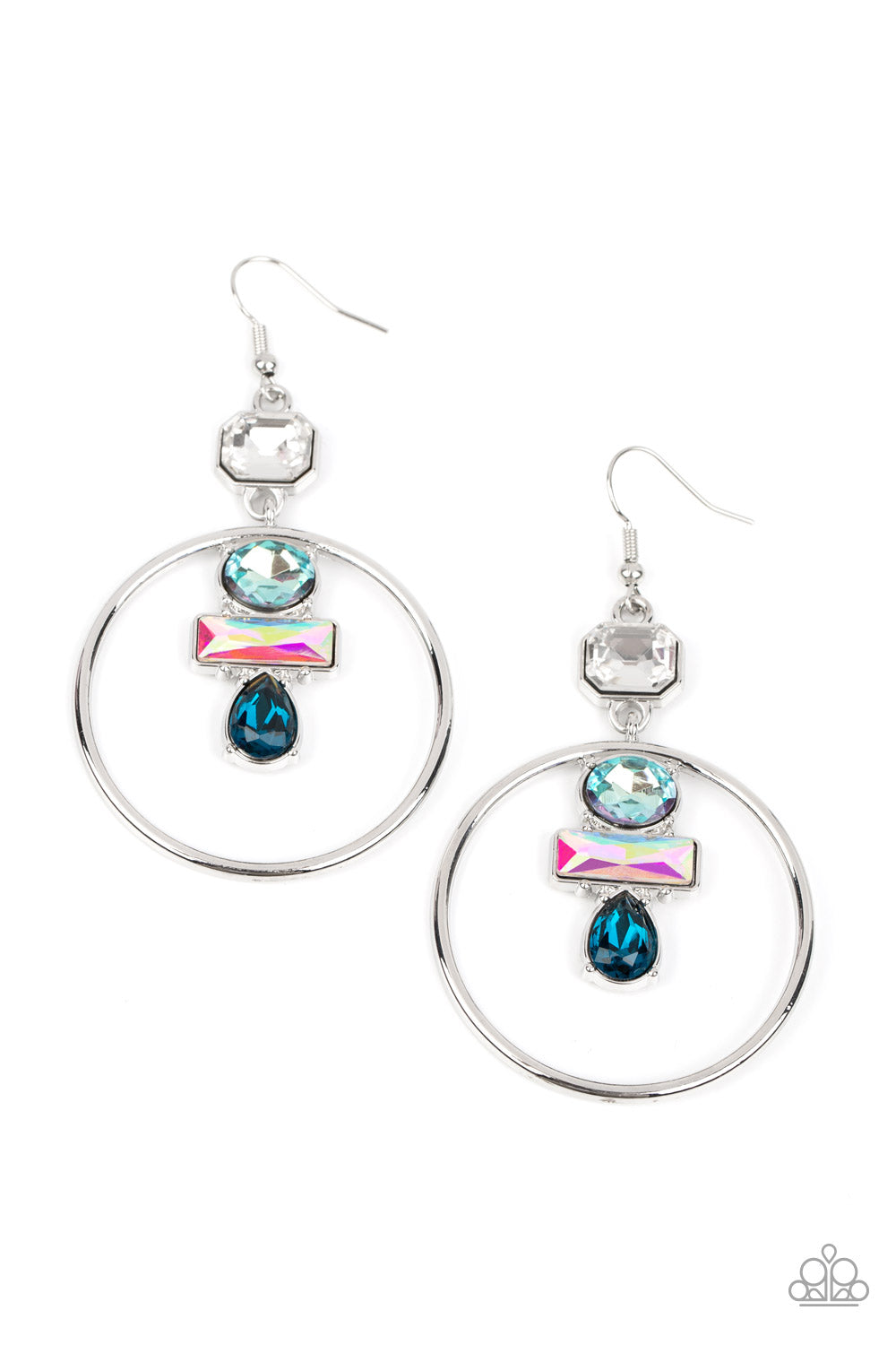 Paparazzi Accessories-Geometric Glam Blue Iridescent Silver Hoop Earrings