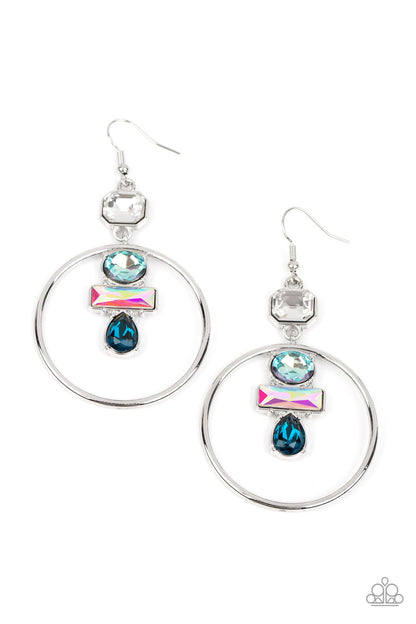 Paparazzi Accessories-Geometric Glam Blue Iridescent Silver Hoop Earrings