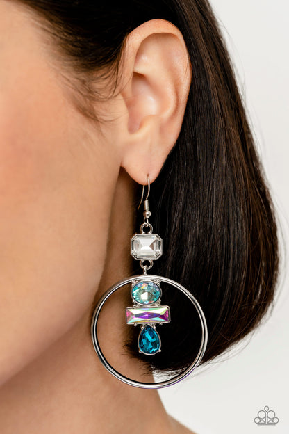 Paparazzi Accessories-Geometric Glam Blue Iridescent Silver Hoop Earrings