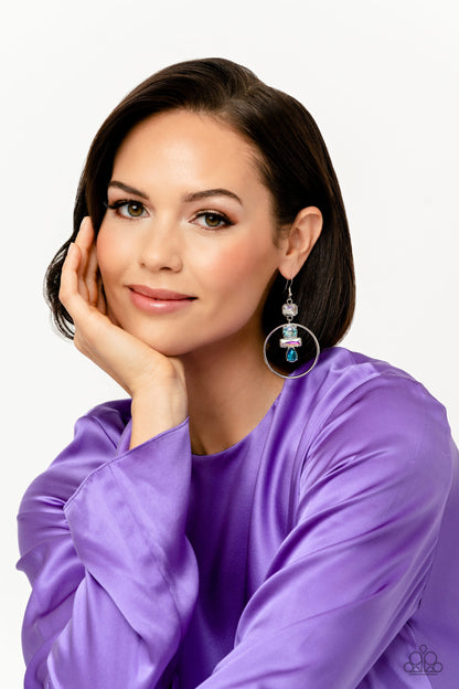 Paparazzi Accessories-Geometric Glam Blue Iridescent Silver Hoop Earrings