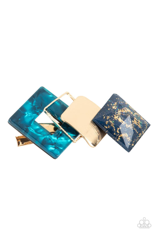 Paparazzi Accessories-Geometrically Gatsby Blue Acrylic Golden Hair Clip