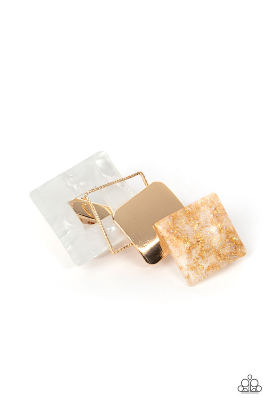 Paparazzi Accessories-Geometrically Gatsby White Acrylic Golden Hair Clip
