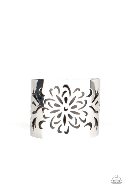Paparazzi Accessories-Get Your Bloom On Black Floral Cuff Bracelet