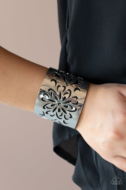 Paparazzi Accessories-Get Your Bloom On Black Floral Cuff Bracelet