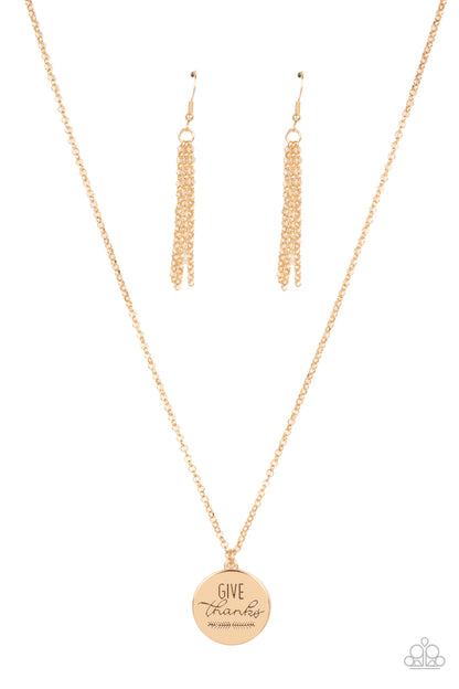 Paparazzi Accessories-Give Thanks Gold Feathery Inspirational Necklace Set