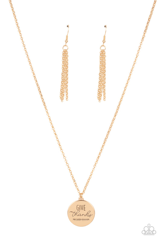 Paparazzi Accessories-Give Thanks Gold Feathery Inspirational Necklace Set