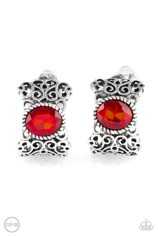 Paparazzi Accessories-Glamorously Grand Duchess Red Clip-On Earrings