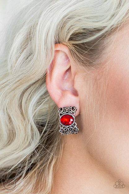 Paparazzi Accessories-Glamorously Grand Duchess Red Clip-On Earrings