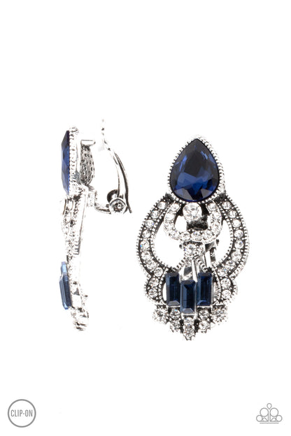 Paparazzi Accessories-Glamour Gauntlet Blue Teardrop Rhinestone Earrings