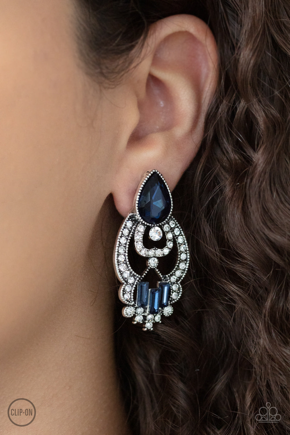 Paparazzi Accessories-Glamour Gauntlet Blue Teardrop Rhinestone Earrings