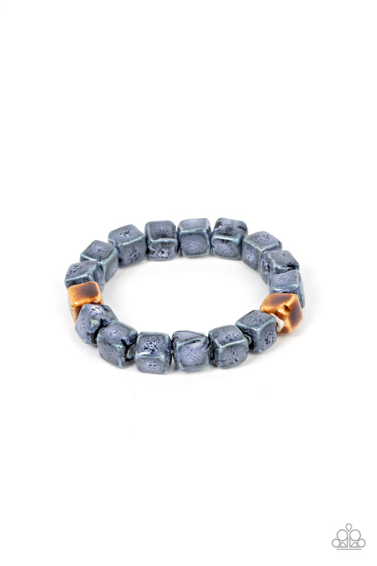 Paparazzi Accessories-Glaze Craze Blue Brown Ceramic Cube Bead Bracelet