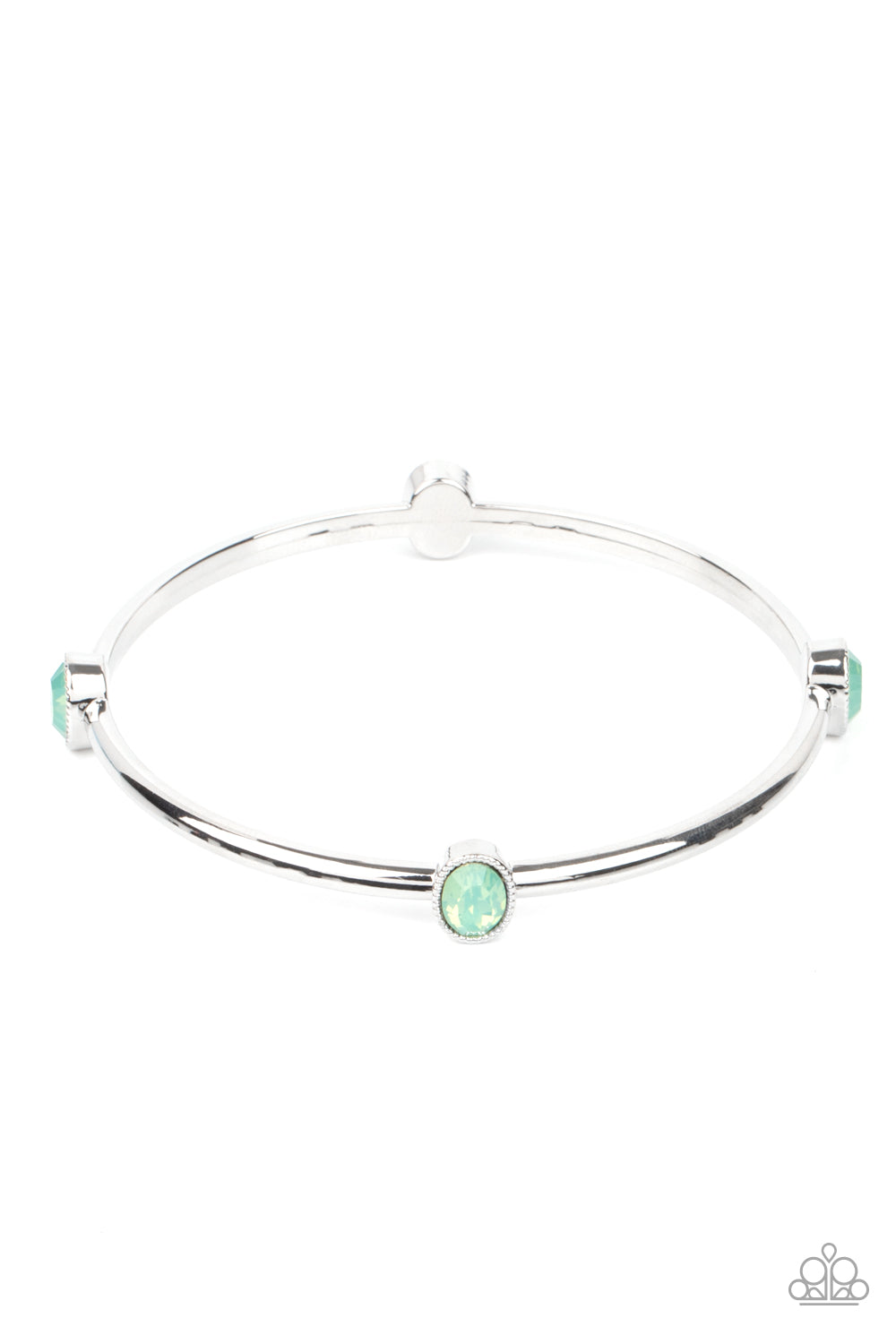 Paparazzi Accessories-Gleam-Getter Green Opal Rhinestone Silver Bangle Bracelet