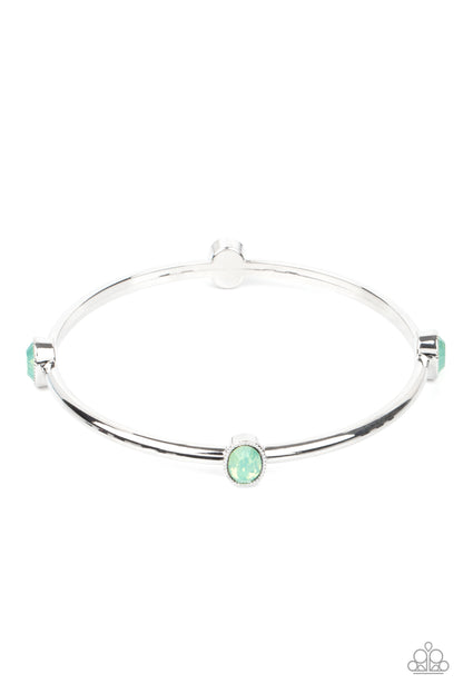 Paparazzi Accessories-Gleam-Getter Green Opal Rhinestone Silver Bangle Bracelet