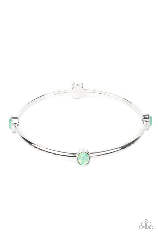 Paparazzi Accessories-Gleam-Getter Green Opal Rhinestone Silver Bangle Bracelet