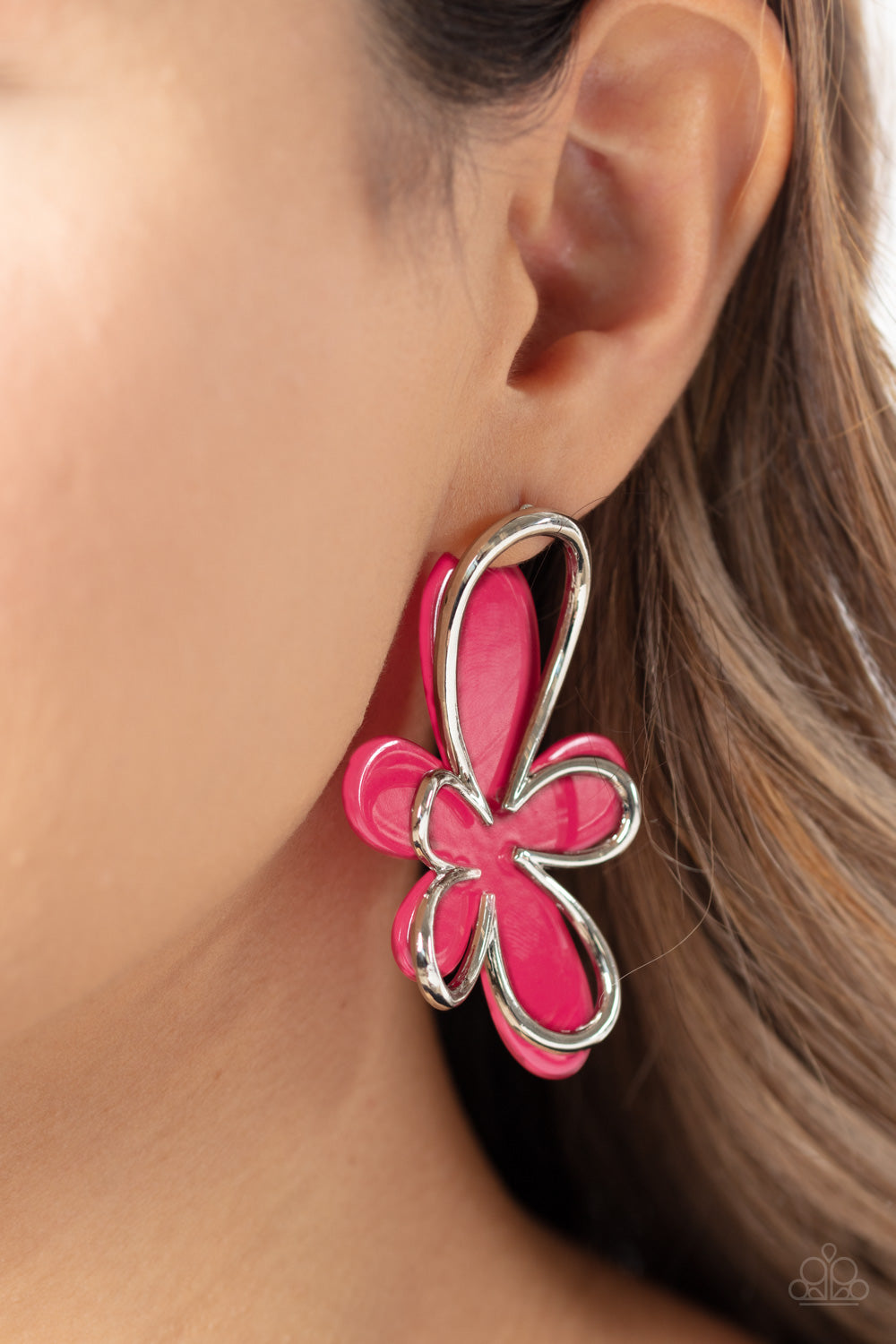 Paparazzi Accessories-Glimmering Gardens Pink Abstract Flower Earrings