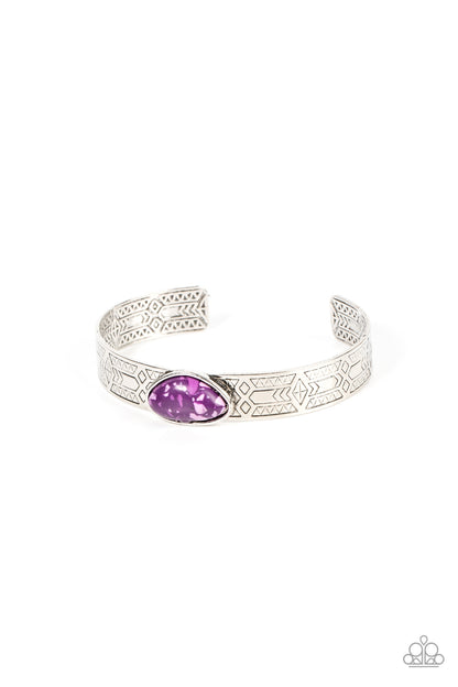 Paparazzi Accessories-Gobi Glyphs Purple Asymmetrical Silver Cuff Bracelet