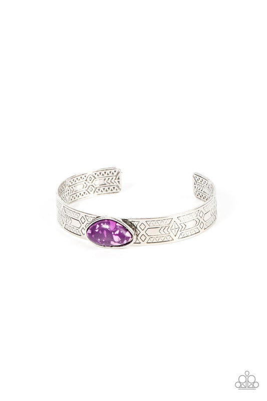 Paparazzi Accessories-Gobi Glyphs Purple Asymmetrical Silver Cuff Bracelet