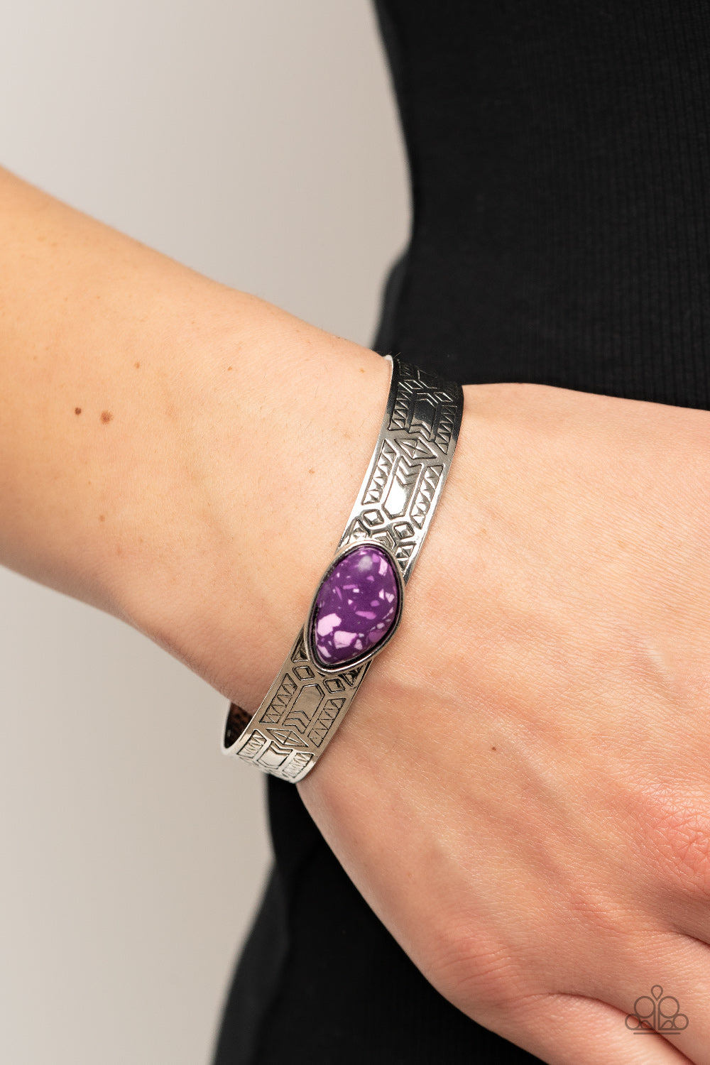 Paparazzi Accessories-Gobi Glyphs Purple Asymmetrical Silver Cuff Bracelet