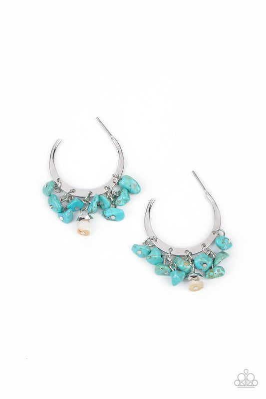 Paparazzi Accessories-Gorgeously Grounding Turquoise Pebble Silver Hoop Earrings