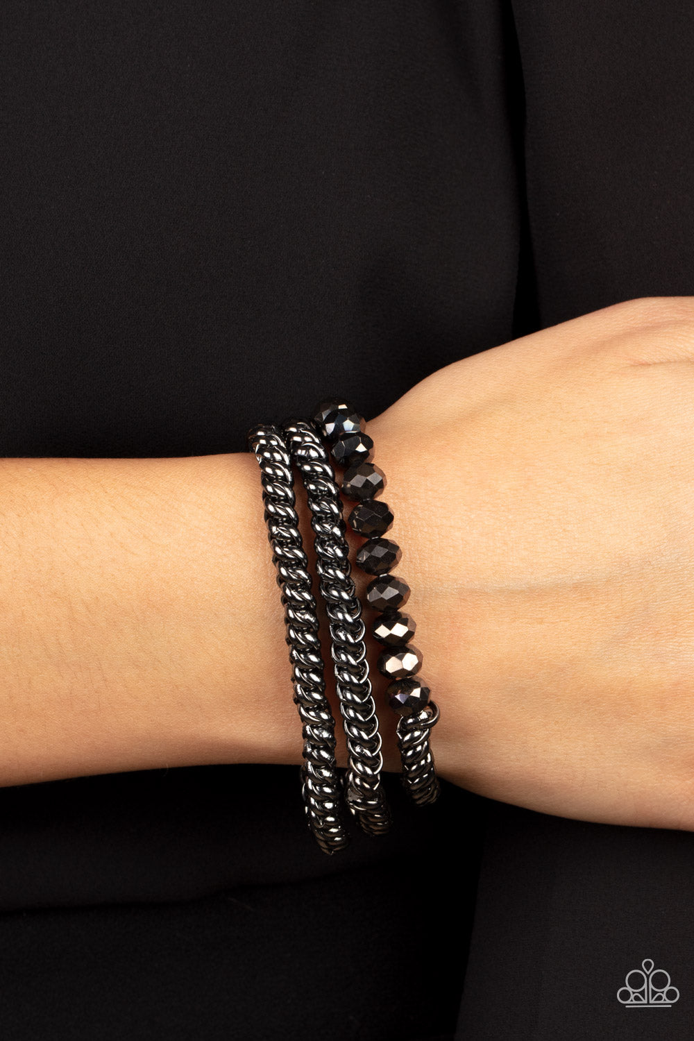 Paparazzi Accessories-Gutsy and Glitzy Black Hematite Crystal Bead Bracelet