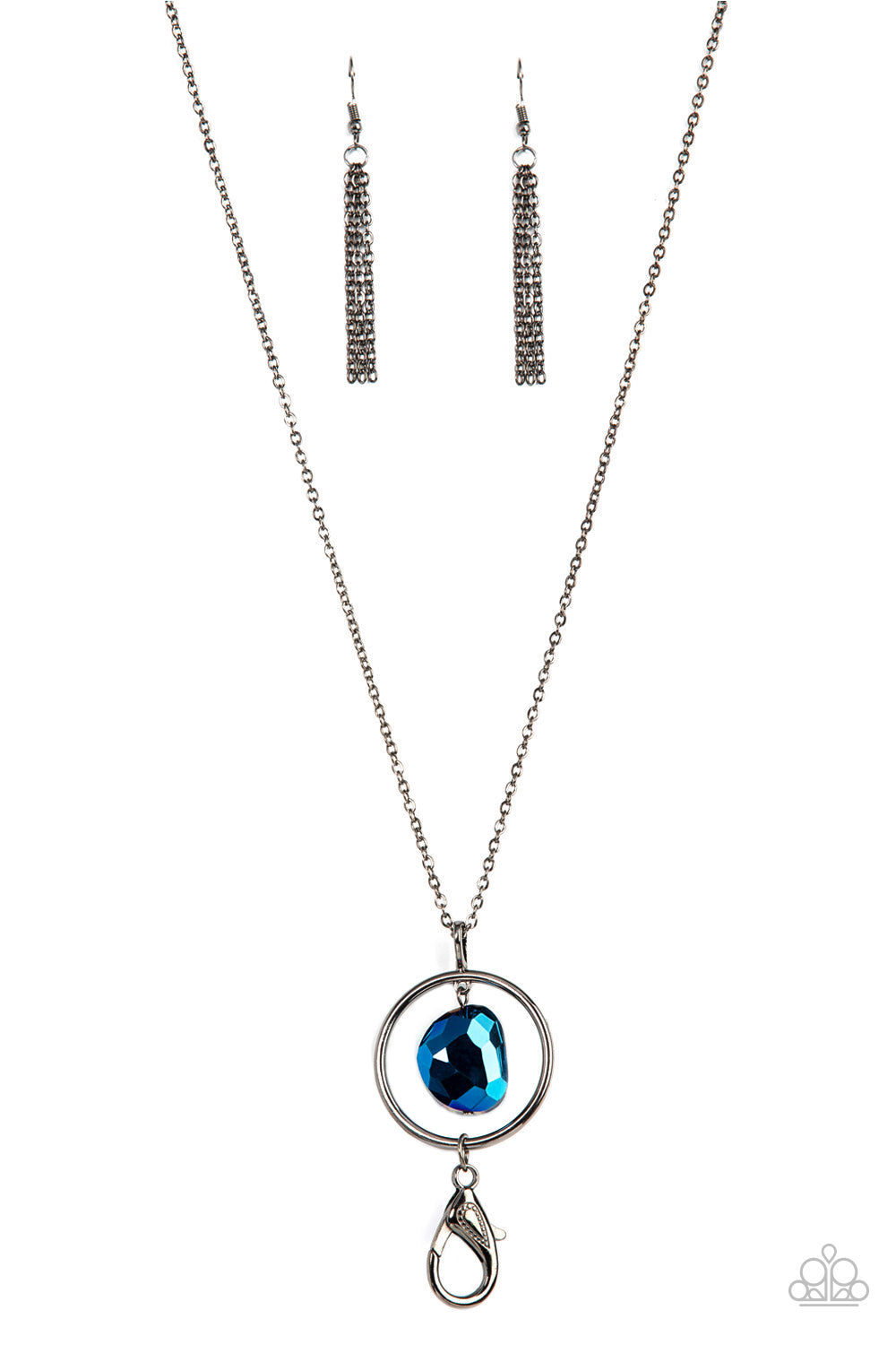 Paparazzi Accessories-Hands Down Dazzling Blue Gunmetal Hoop Necklace Set